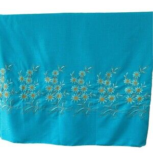 Embroidered Daisy Sewing Fabric Single Border Turquoise Blue 2yd Vtg 1960s